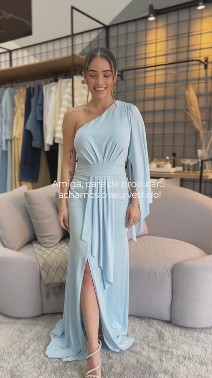 Vestido Um Ombro Só com Manga Fluida