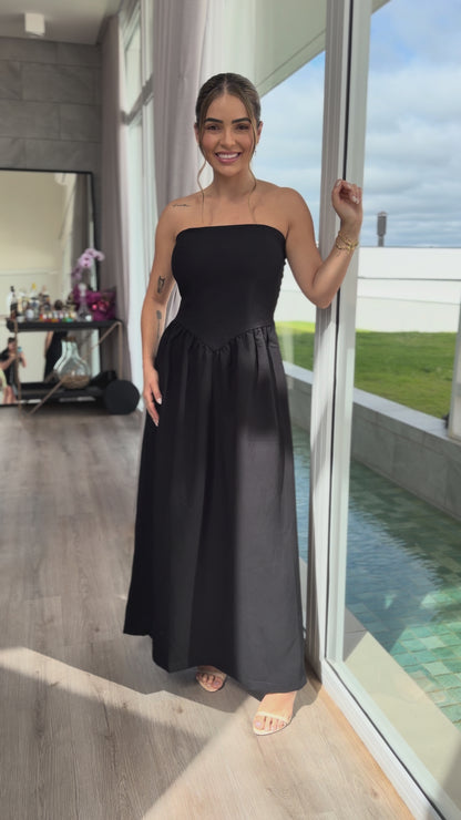 Vestido longo Tomara que Caia Recorte cintura baixa