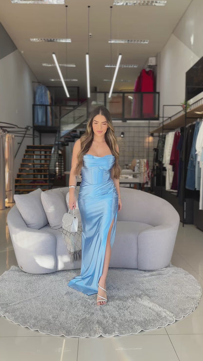 Vestido Longo Acetinado com Corset e Fenda