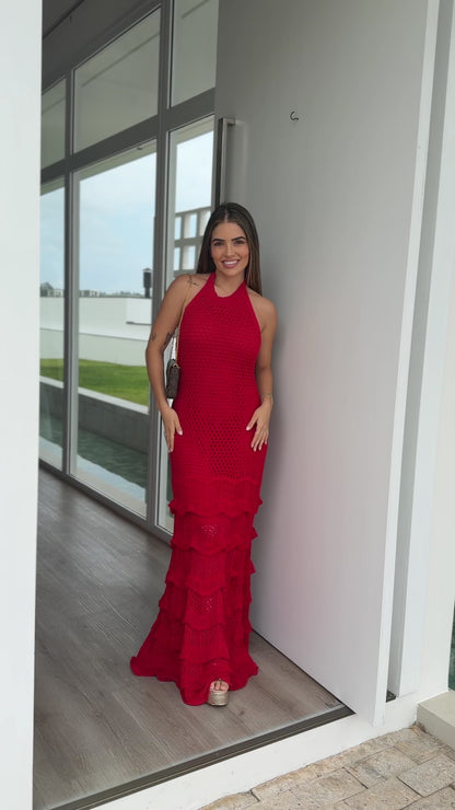 Vestido em Crochê Frente Única com Babados