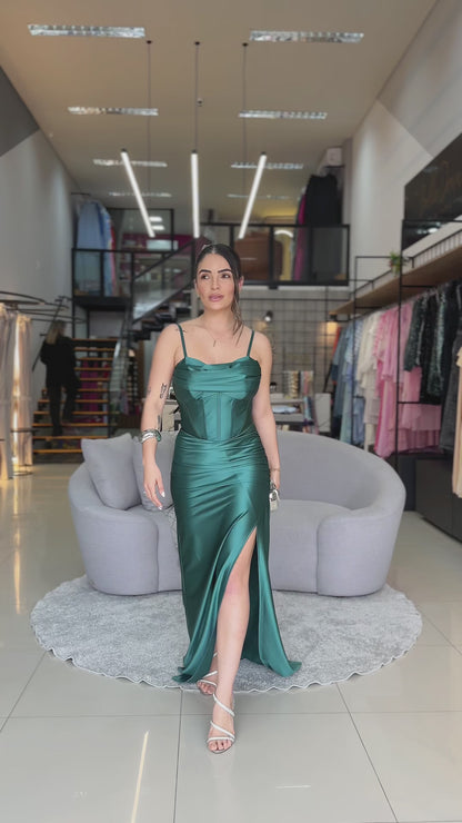 Vestido Longo Acetinado com Corset e Fenda