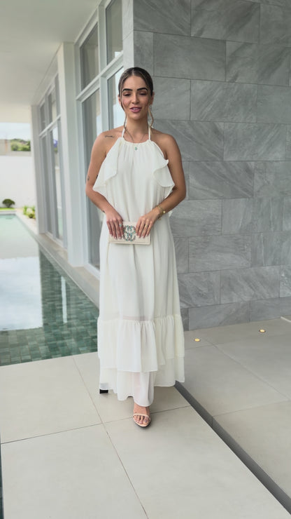 Vestido Longo Fluido com Babados e Alças Halter