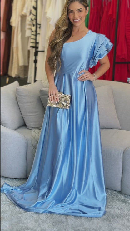 Vestido Longo Acetinado Um Ombro Só com Babado