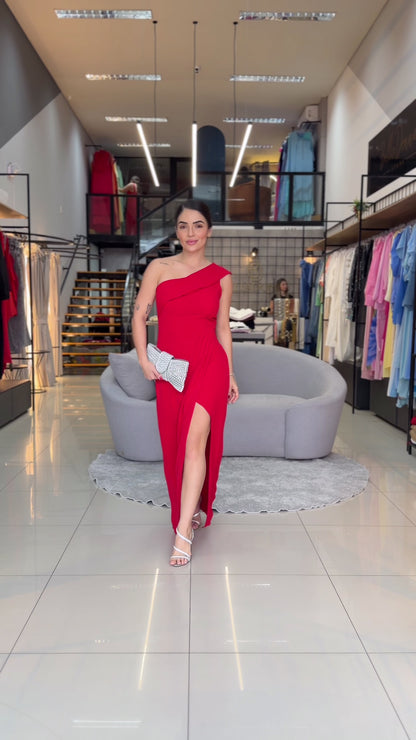 Vestido Um Ombro com Fenda