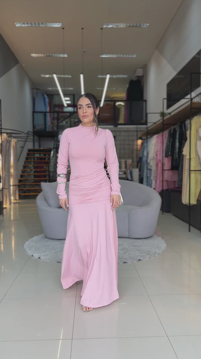 Vestido Manga Longa com Fenda e Drapeado