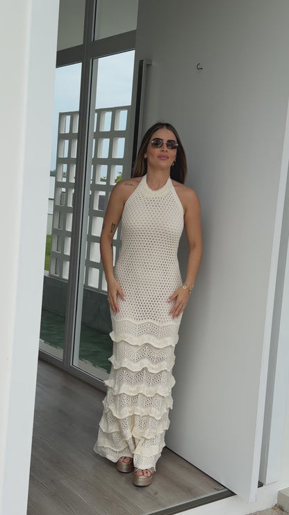 Vestido em Crochê Frente Única com Babados
